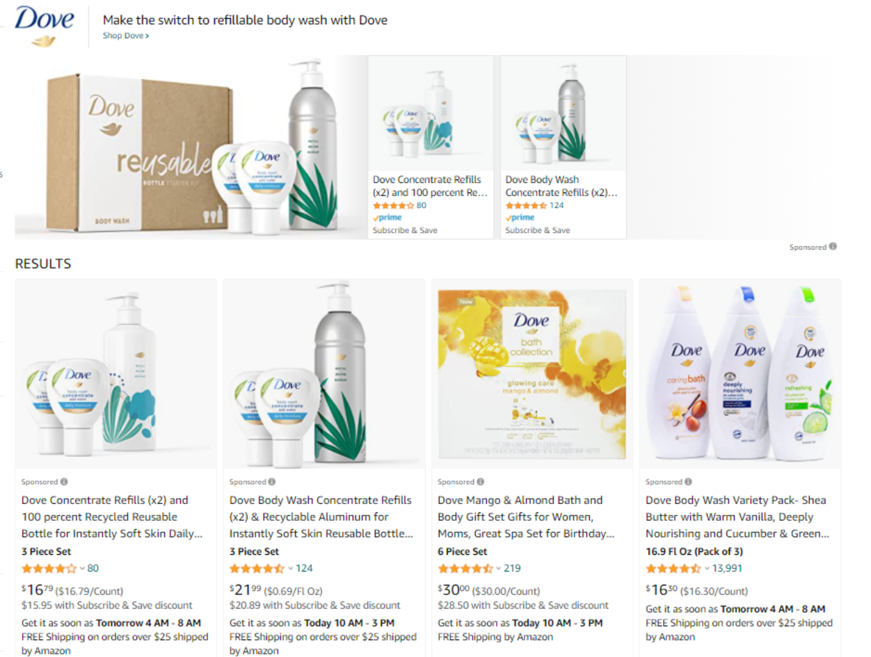 Dove Body Wash Advertising Bid Example on Amazon 