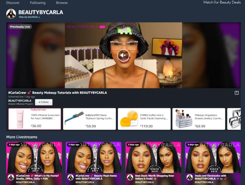 Beautybycarla Amazon Live influencer