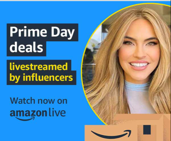 Example of a Prime Day deals 2022 sponsored ads for livestreamed by influencers event on Amazon Live with Chrishell Stause