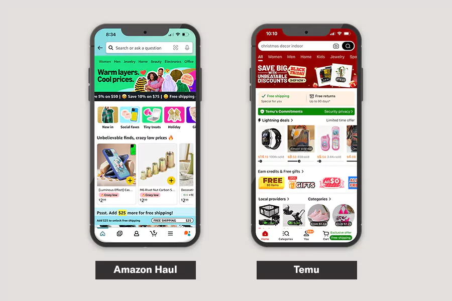 Two phones side-by-side. The screen on the left is of Amazon Haul. The screen on the right shows Temu. 